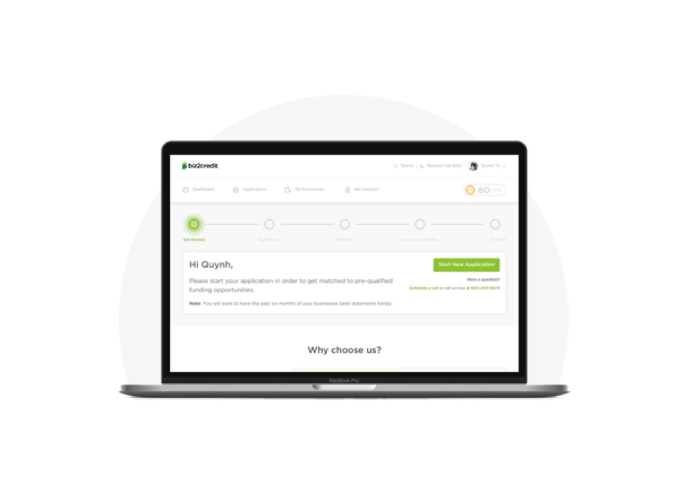 Biz2Credit online financing dashboard showing the stages of an application
