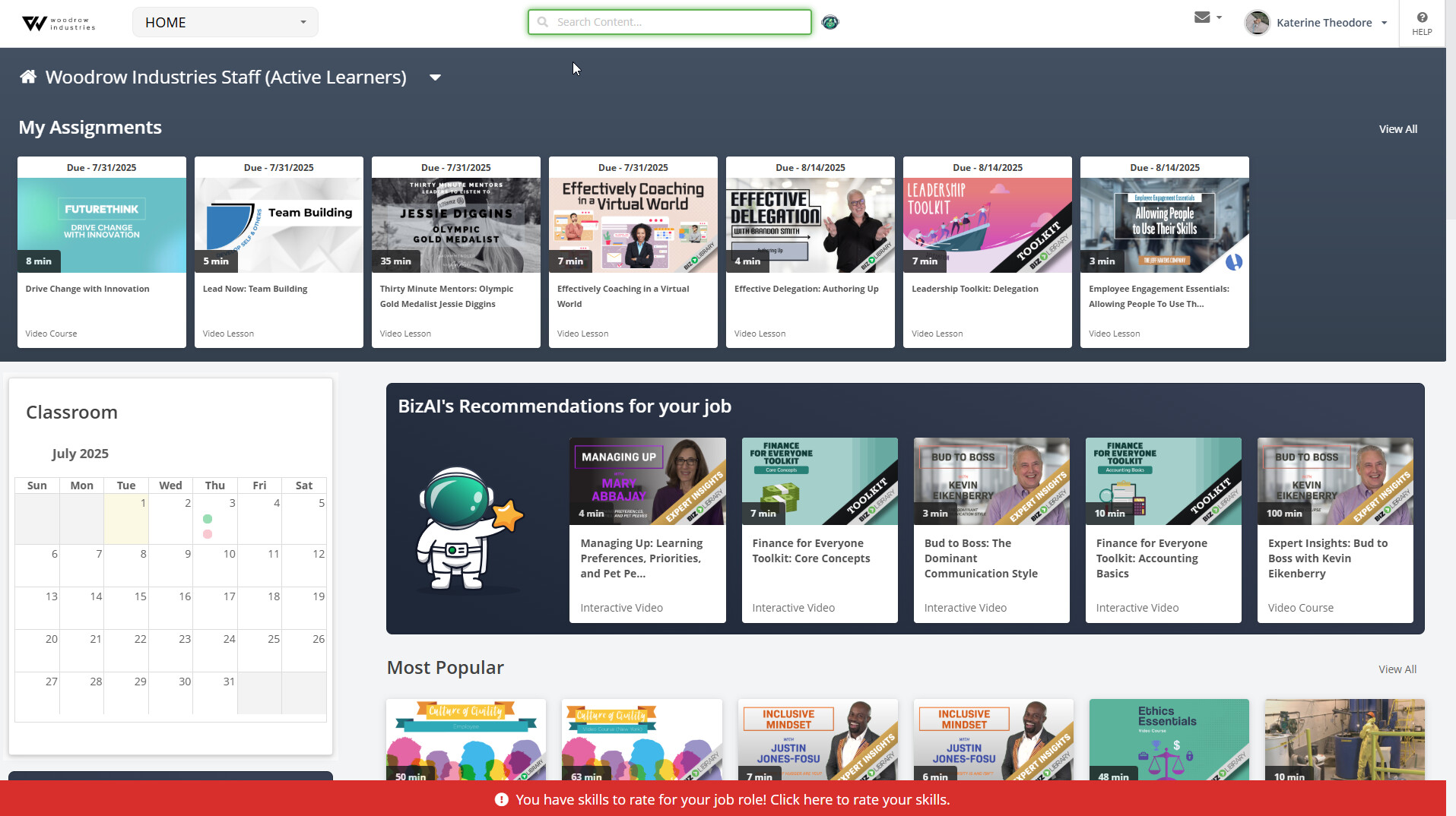 BizLibrary learning dashboard showing employee assignments, a calendar and AI-powered recommendations
