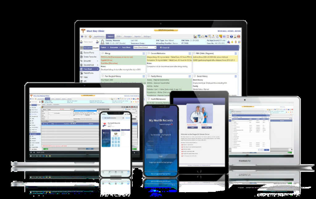 PrognoCIS product montage showing clinical, scheduling, and portal interfaces on desktop and mobile devices