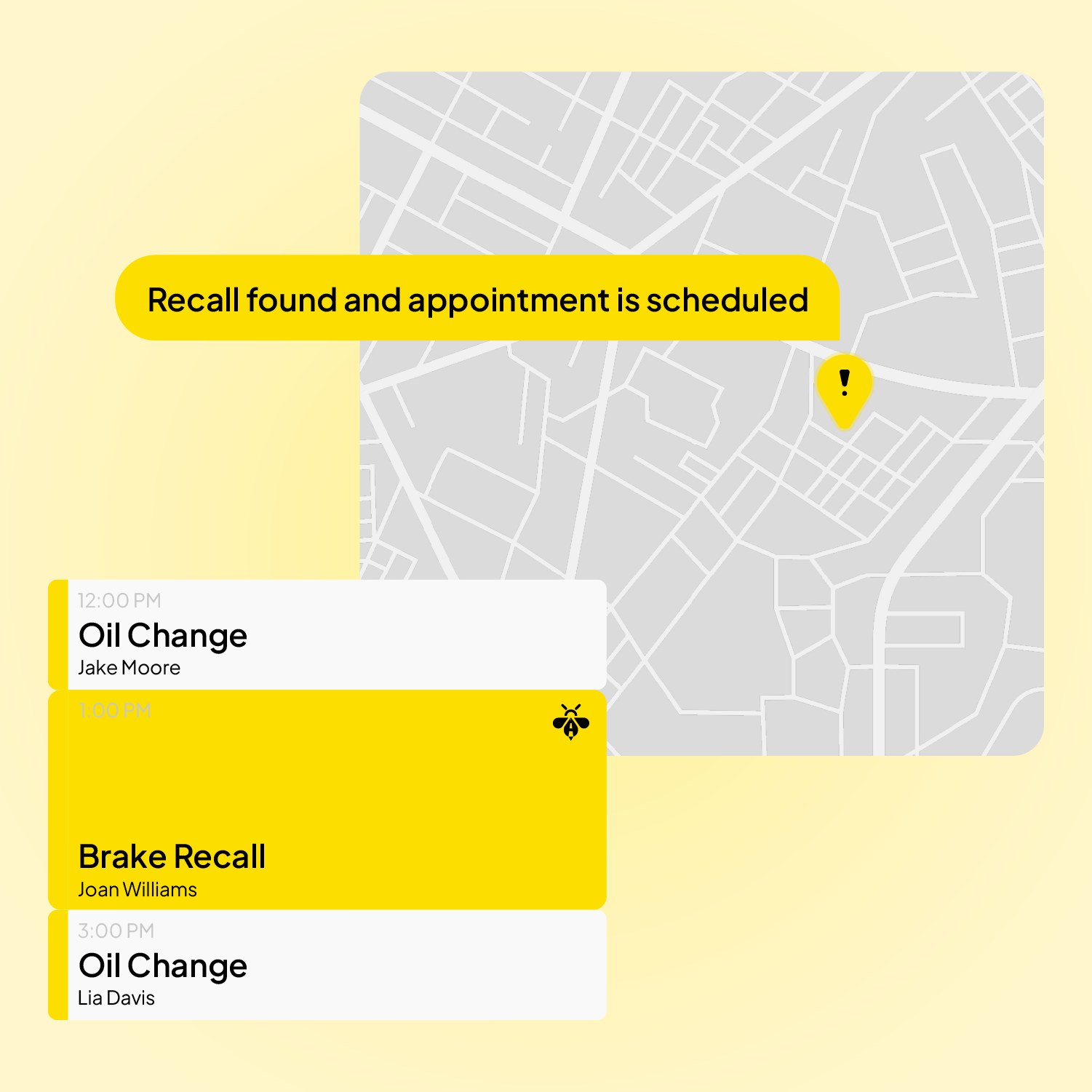 BizzyCar app screen showing a recall found and an appointment scheduled on a map with a service timeline