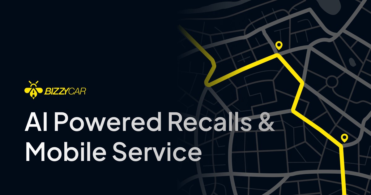 BizzyCar branding over a stylized city map with a routed service path