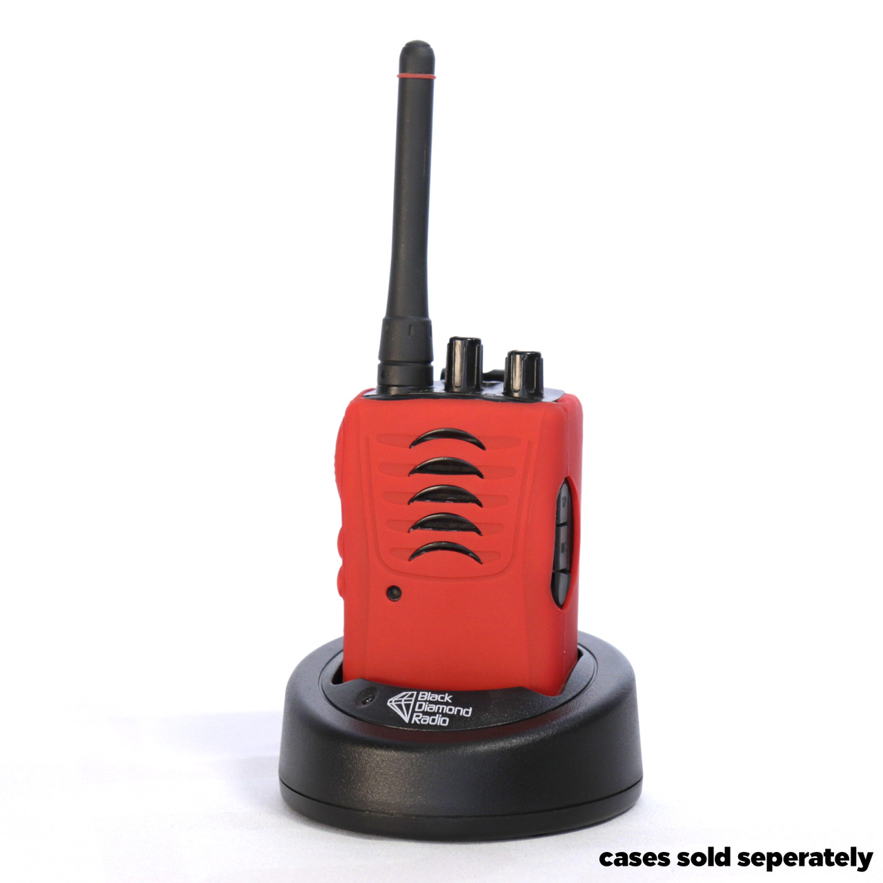 A red Black Diamond Radio CE420 analog radio seated in its charging dock