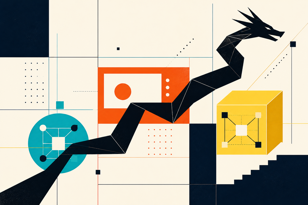 Abstract Swiss-style illustration of a geometric dragon connecting payment, media and commerce systems