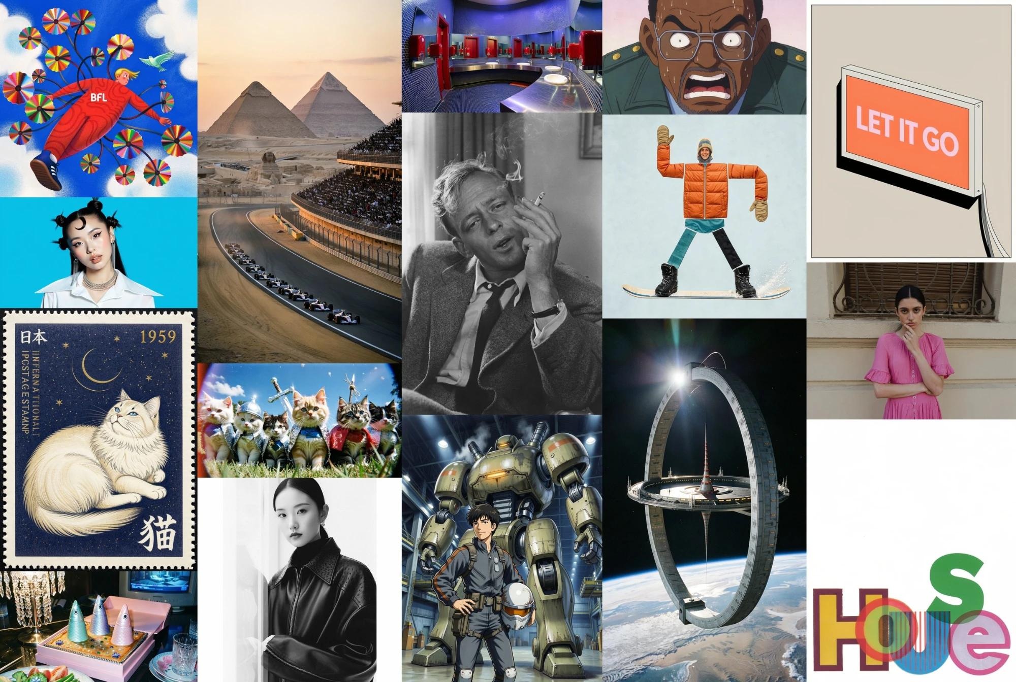 BFL’s collage of FLUX 3 Image Klein generated outputs, including illustrations, portraits, typography and imagined scenes