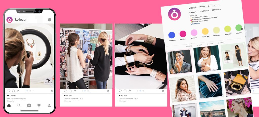 Collage of Kollectin social posts, jewelry photography and its Instagram profile