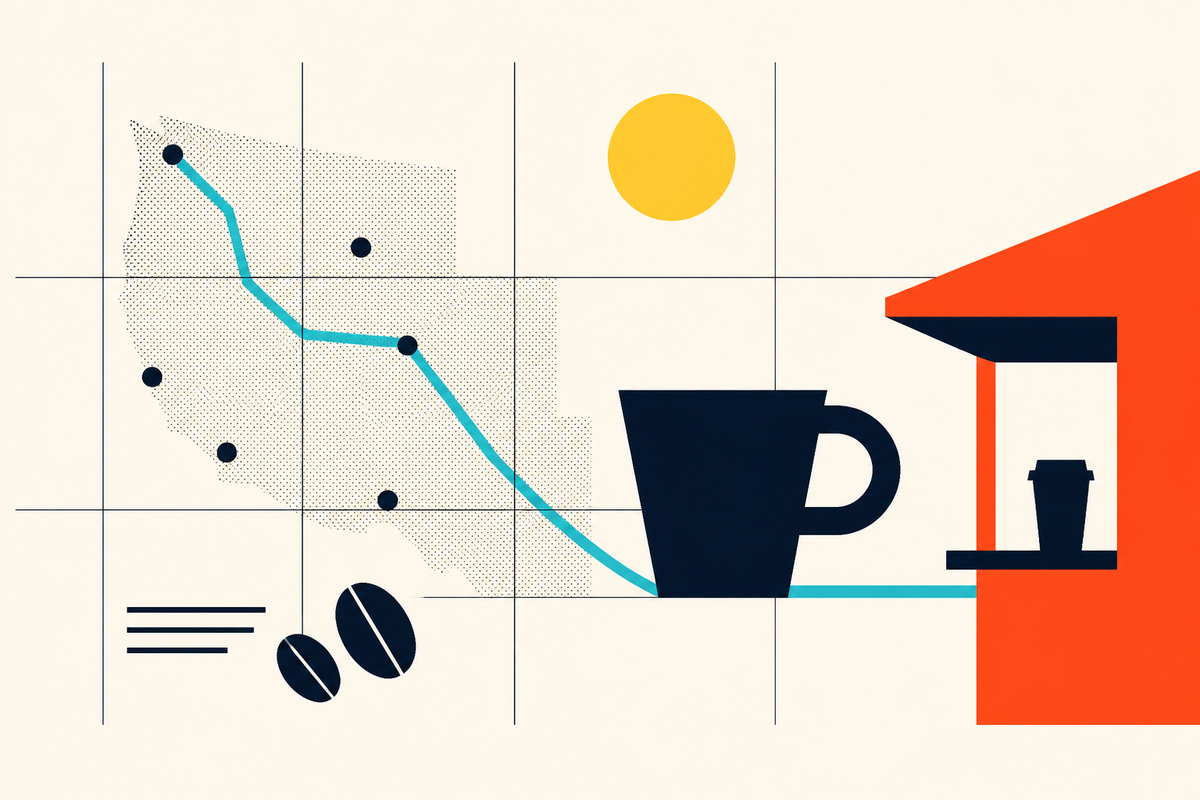 Abstract geometric illustration of a coffee cup, a drive-through window and a route across the western United States