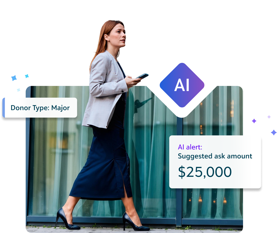 Blackbaud promotional illustration showing a fundraiser and an AI suggested donation amount
