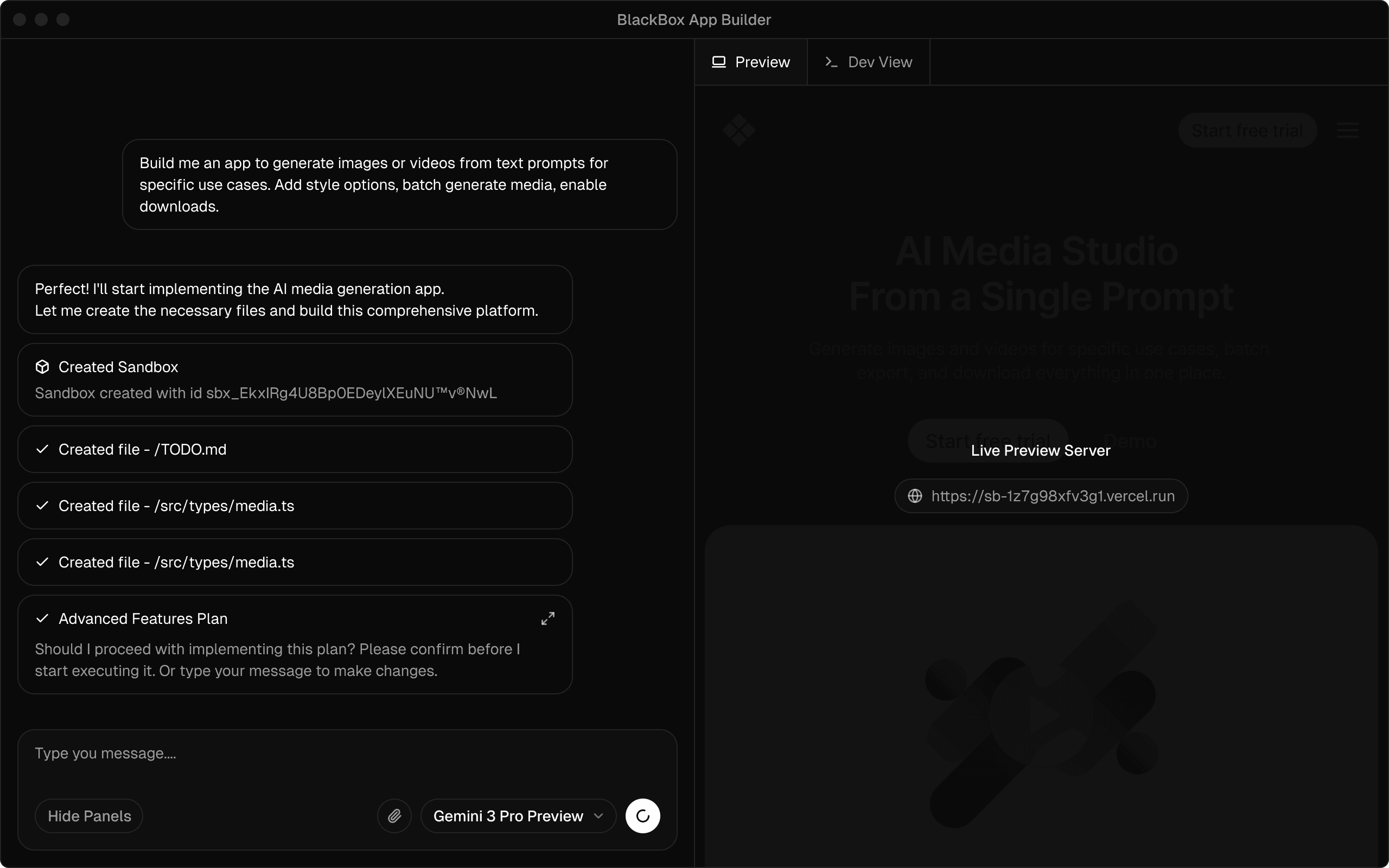 Blackbox Builder interface showing an app prompt, generated files and a live preview