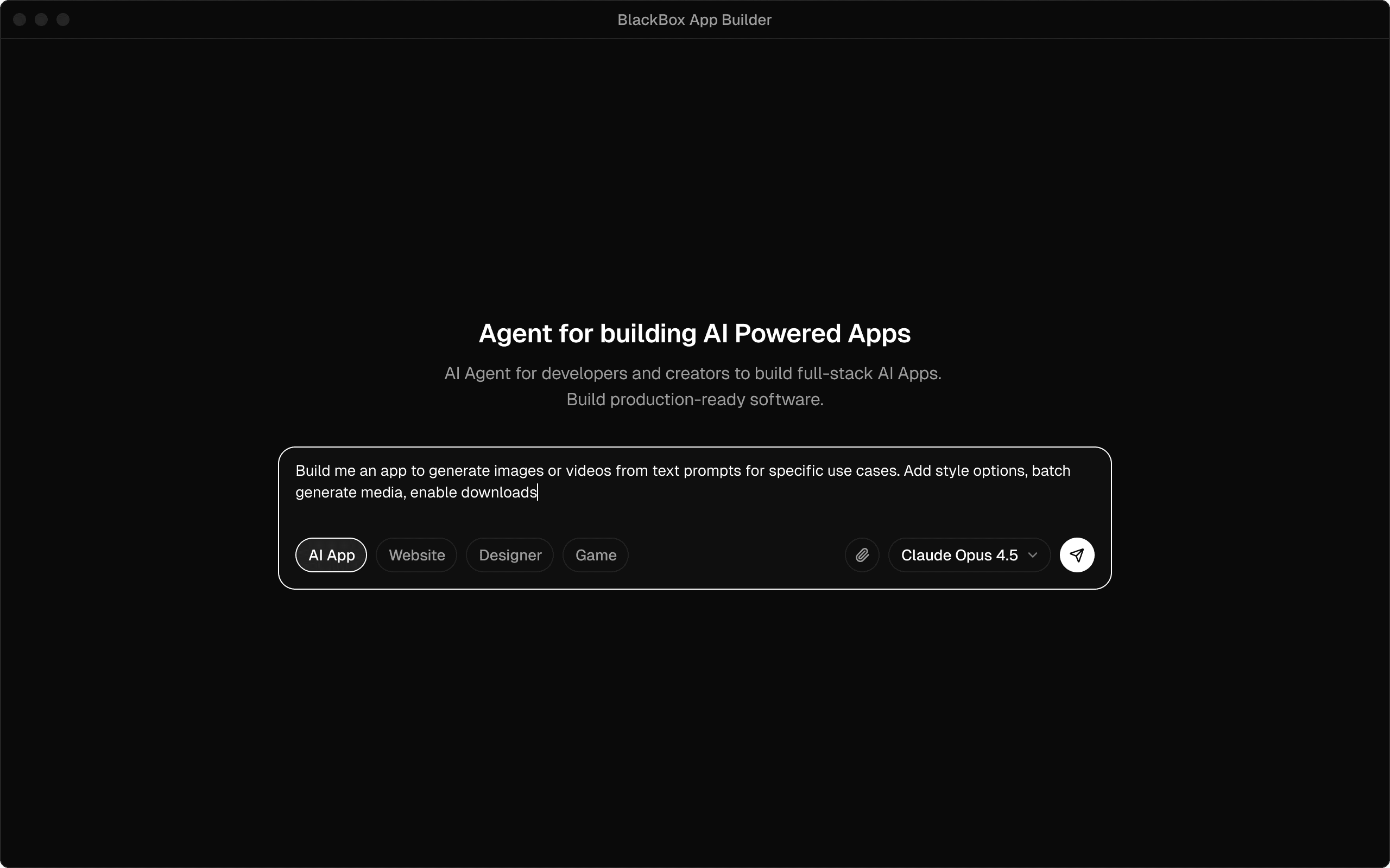 Blackbox Builder prompt box for creating an AI-powered app