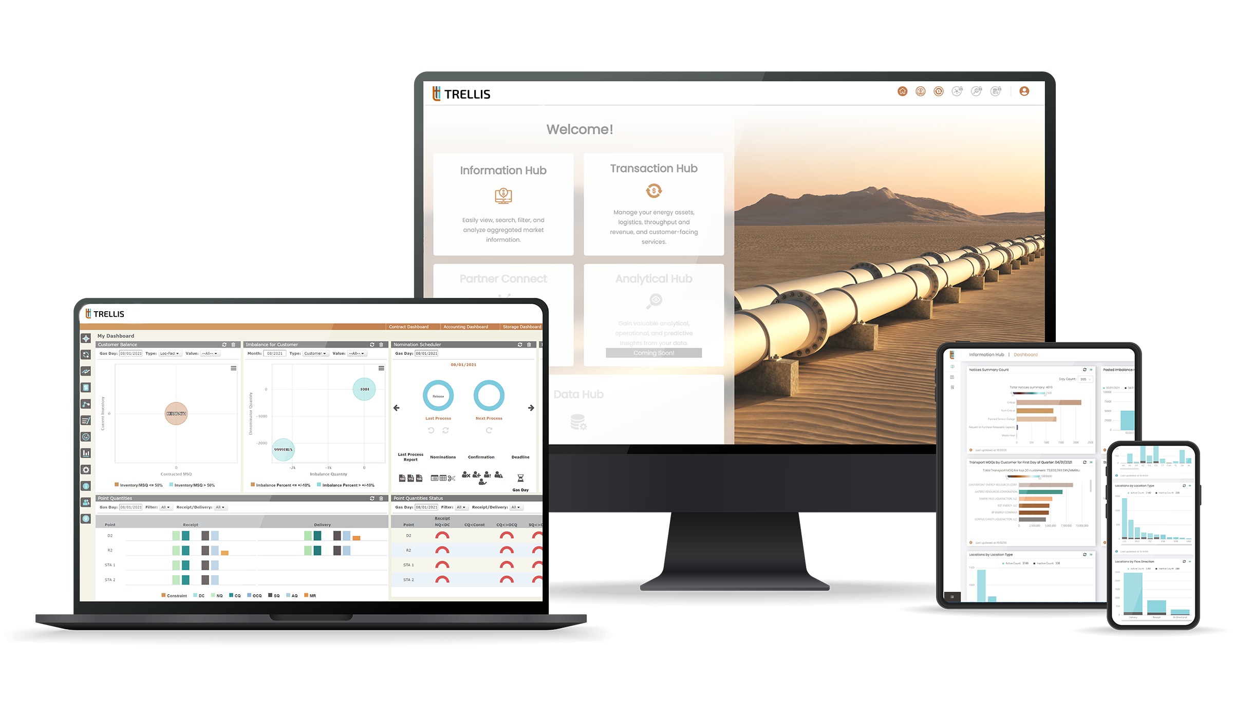Trellis Energy interface shown across desktop, tablet and mobile screens