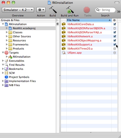 Xcode project showing the RestKit libraries linked into an iOS application