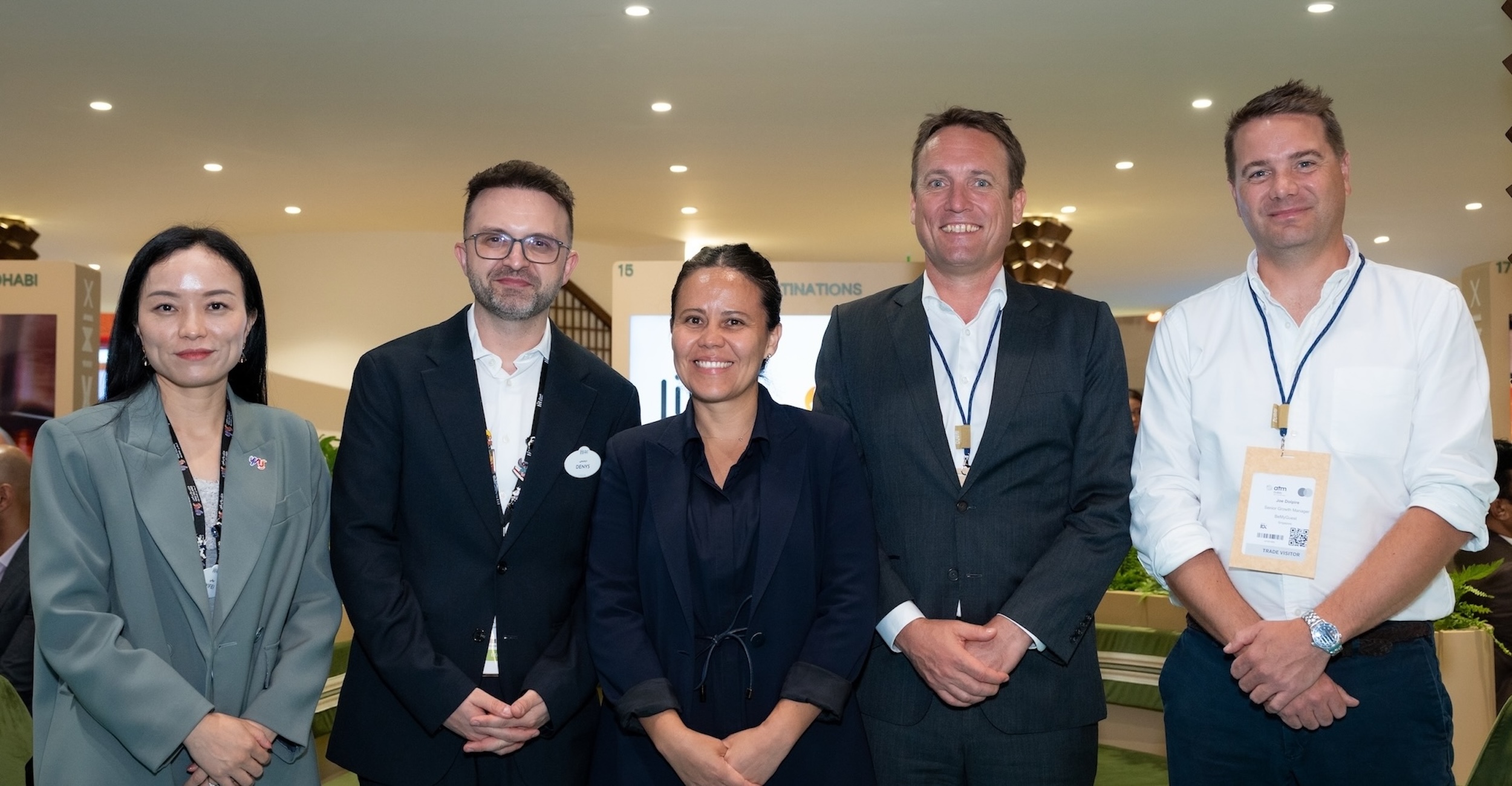 Blanca Menchaca, centre, with travel industry colleagues in the BeMyGuest and Miral Destinations announcement photograph