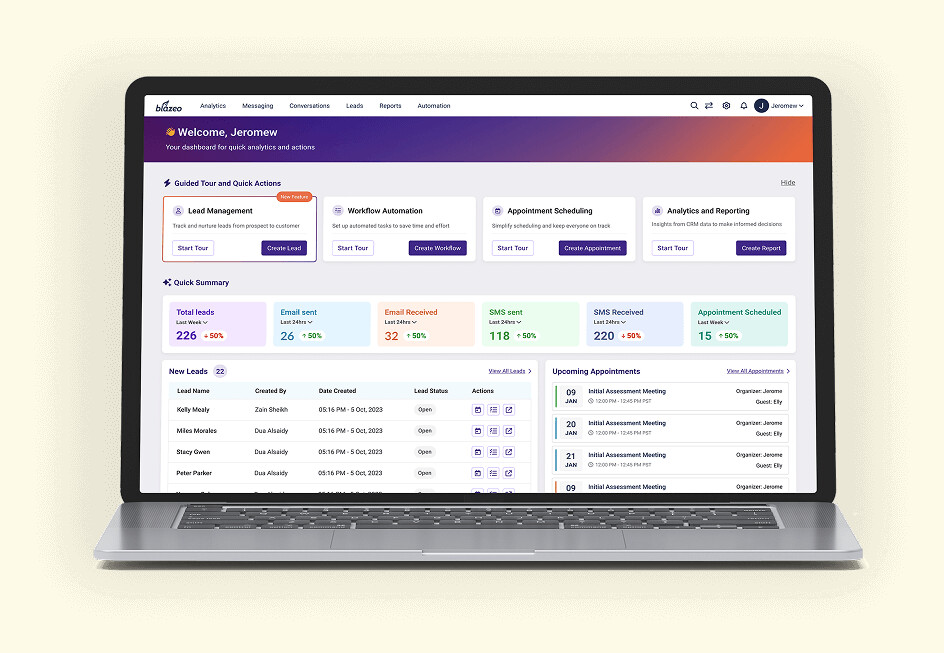 Blazeo SmartHub dashboard showing leads, messages, automation and appointment scheduling