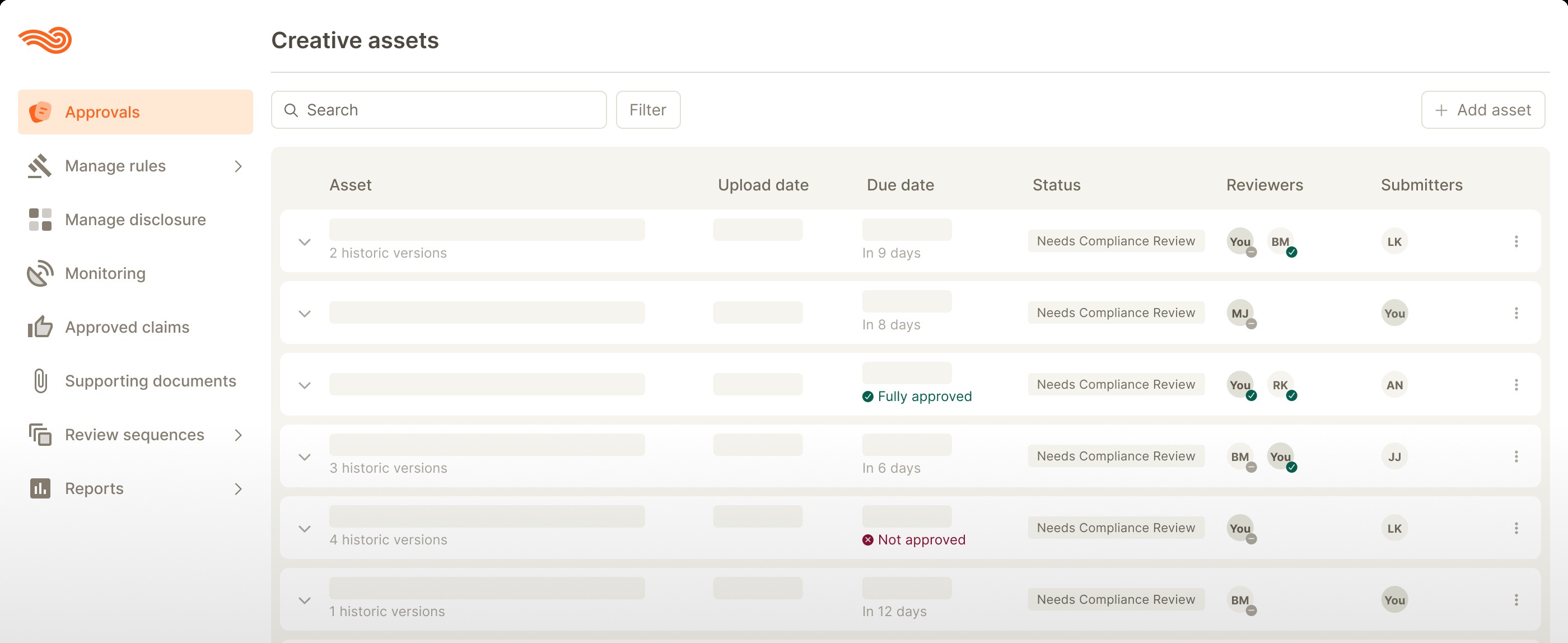 Blee's creative assets screen showing approval status, reviewers, rules, monitoring and historical versions