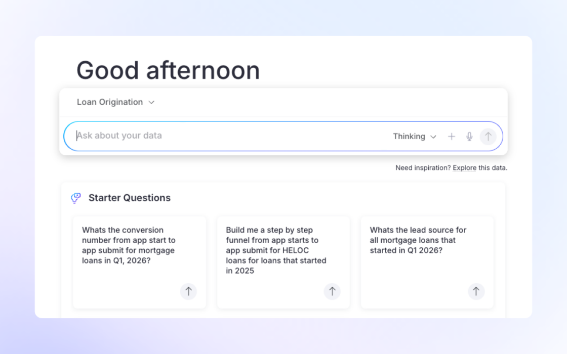 Blend Autopilot analytics interface with a search bar and suggested pipeline questions