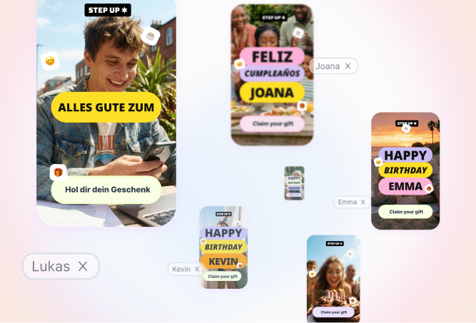 Blings product montage showing personalized birthday video frames on phones