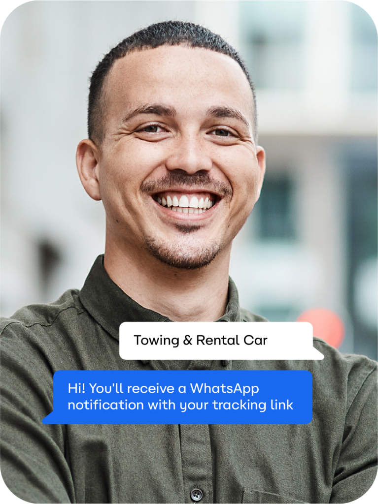 Blip product illustration showing a WhatsApp notification with a vehicle towing tracking link