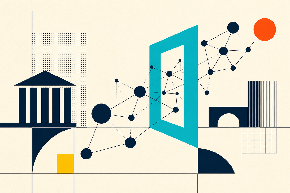 Abstract Swiss-style illustration of a network passing through a geometric portal between institutional and digital systems