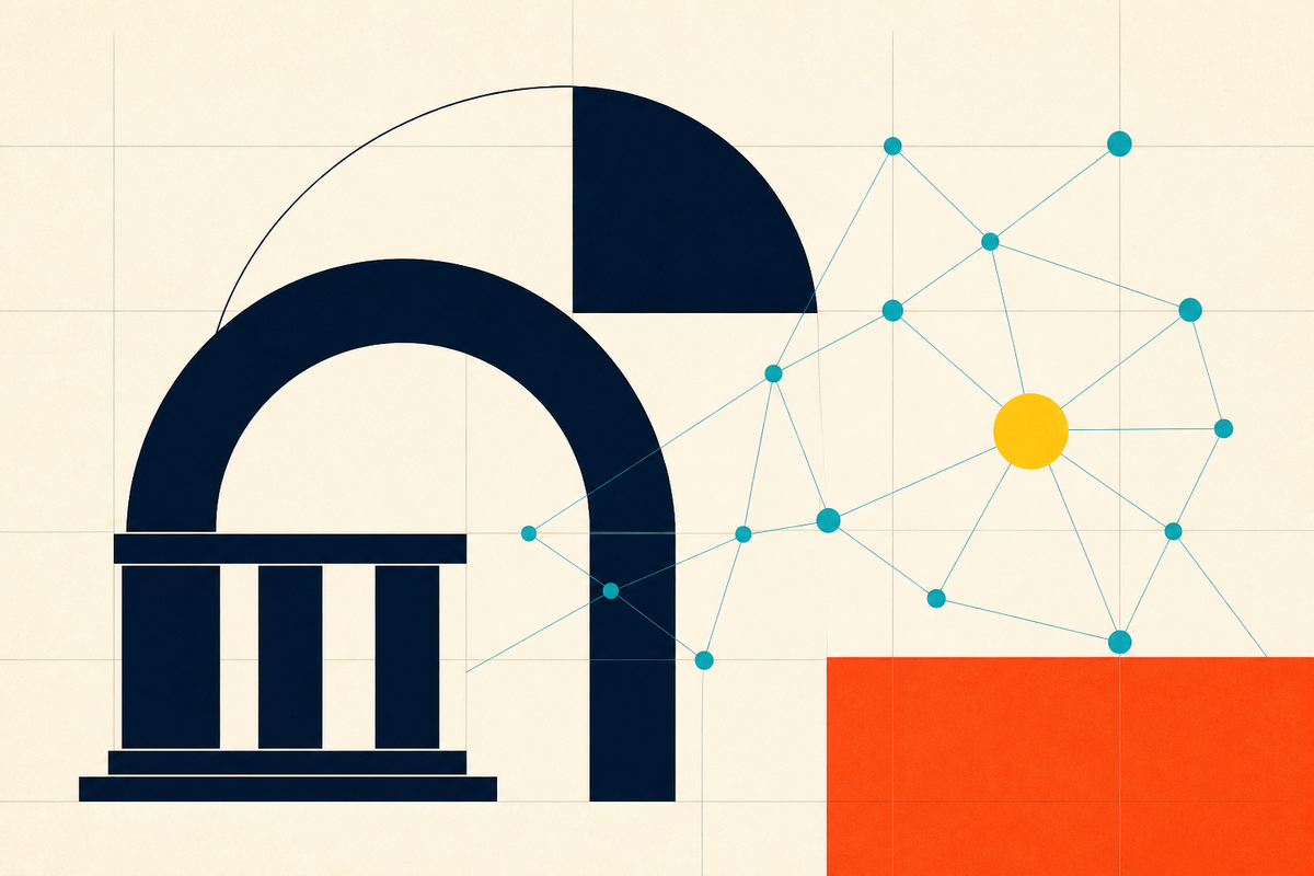 Abstract Swiss-style illustration combining a civic arch with a distributed network