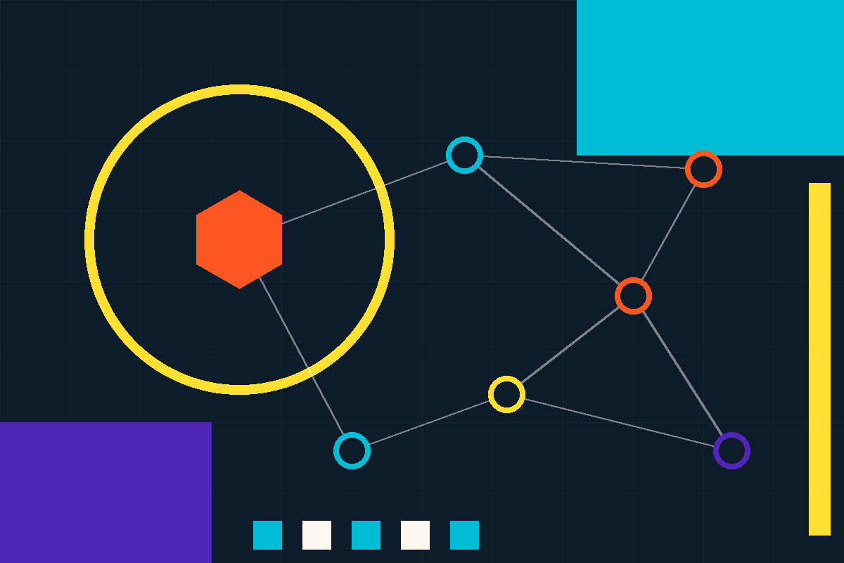 Abstract Swiss-style graphic of a connected node network in navy, teal, yellow and orange