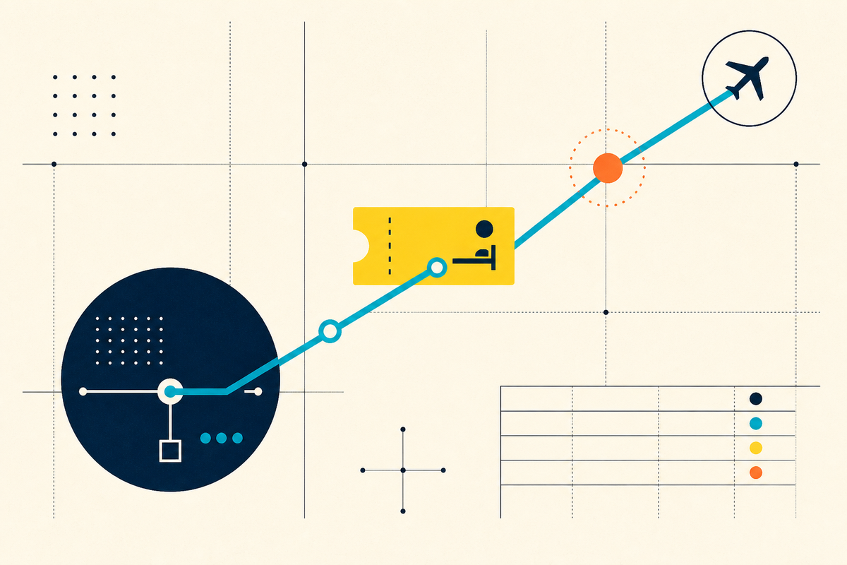 Abstract Swiss-style illustration of a business trip moving through a connected payment and data grid