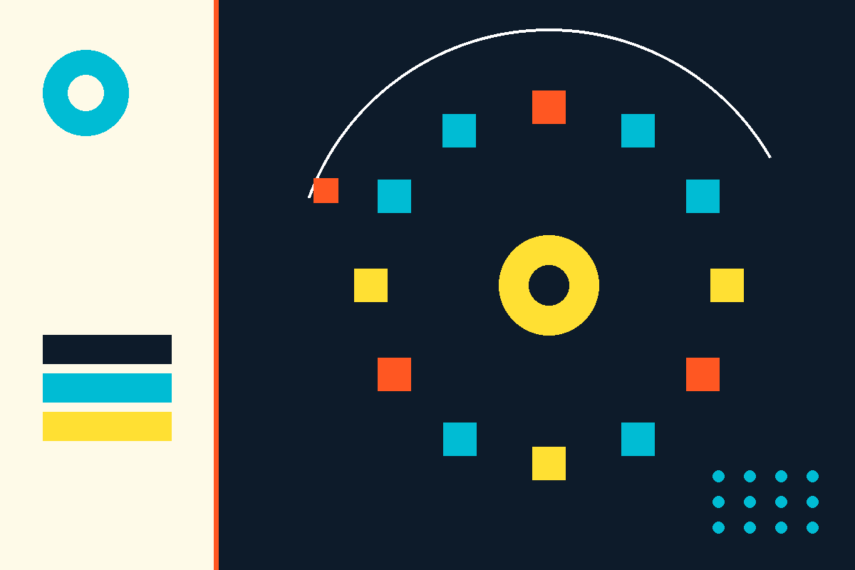 Swiss-style geometric illustration of a ring of blocks with an orbital arc, evoking Blockstream's sidechain and satellite products
