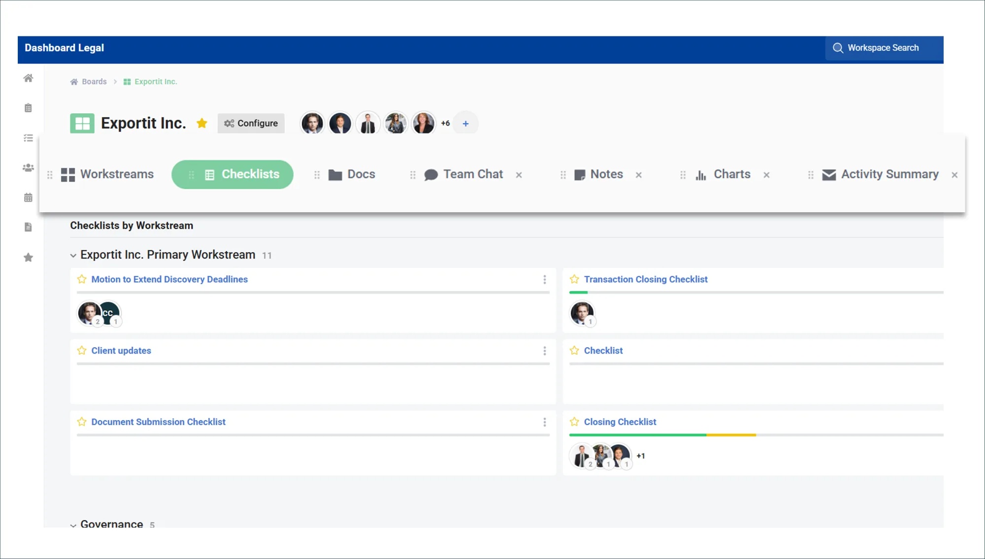 Dashboard Legal product interface showing its matter workspace and tabbed navigation