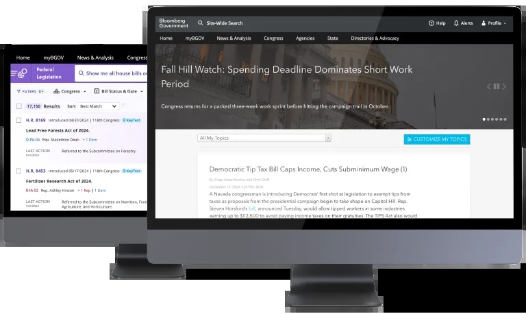 Bloomberg Government product mockup showing policy news and a federal legislation search on desktop displays