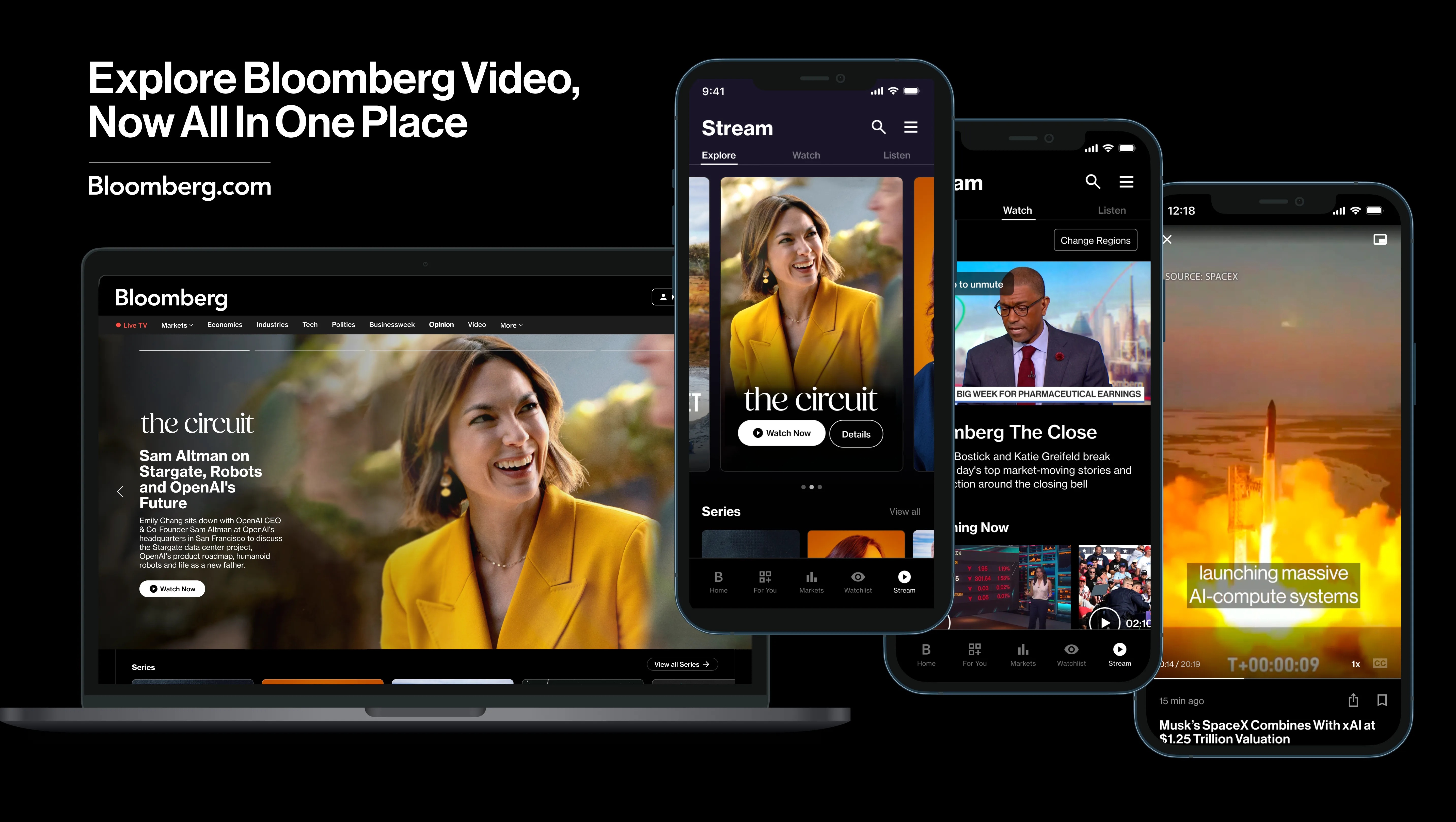 Bloomberg’s redesigned video experience across a laptop and mobile phones, featuring Emily Chang