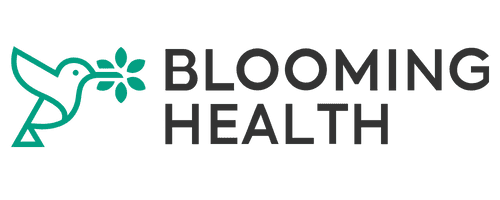 Blooming Health logo - a hummingbird carrying a flowering sprig beside the wordmark