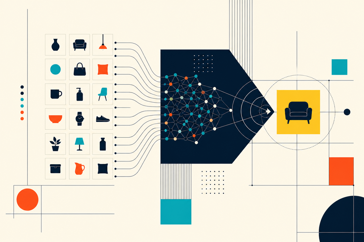 Abstract Swiss-style diagram showing product choices entering an intelligence network and one relevant item emerging