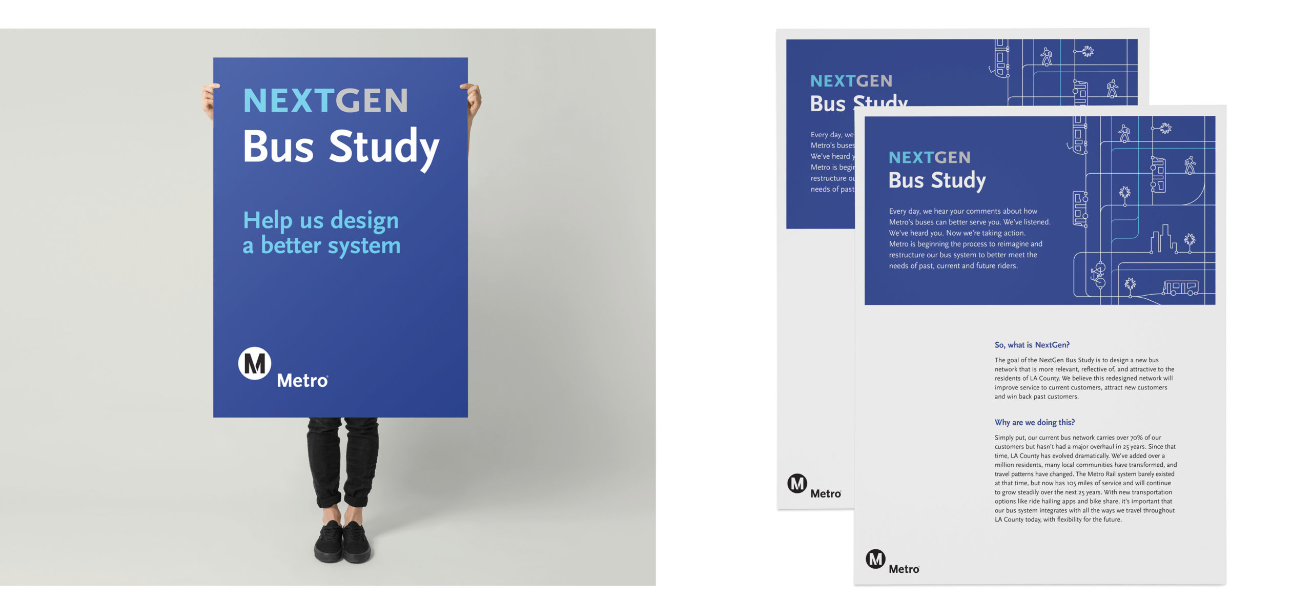 Blue NextGen Bus Study poster and printed information sheets designed with Metro Design Studio