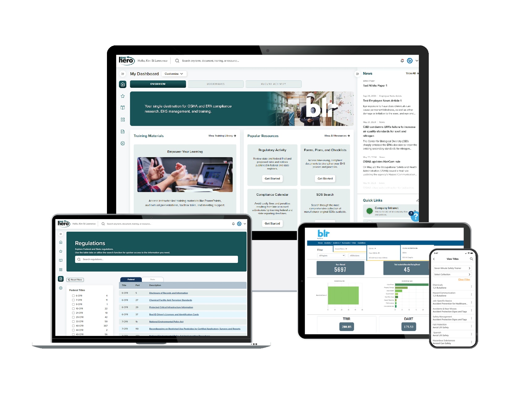 BLR’s EHS Hero product montage showing regulatory research, a dashboard, safety reports, and mobile training tools