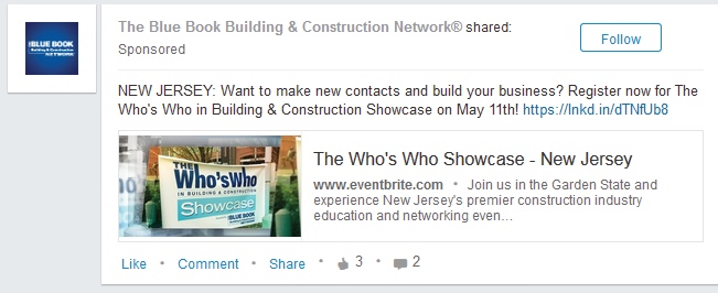 Archived Blue Book LinkedIn advertisement inviting construction professionals to a New Jersey showcase