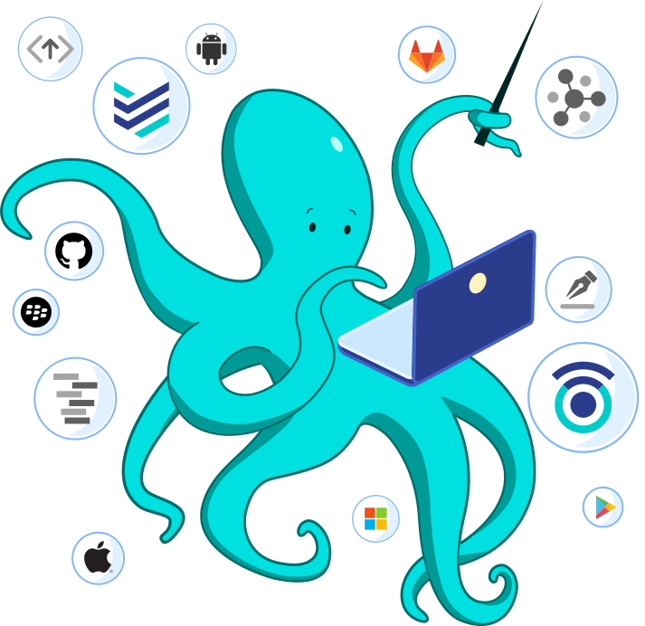 Blue Cedar illustration showing a many-armed character connecting app development and deployment tools