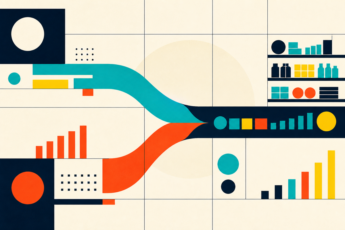 Abstract Swiss-style illustration of two colorful streams converging into a measured retail system