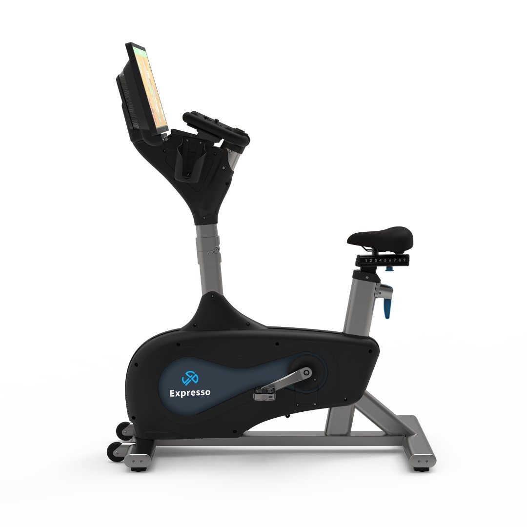 Blue Goji upright Expresso exercise bike with gaming handlebars and a large display