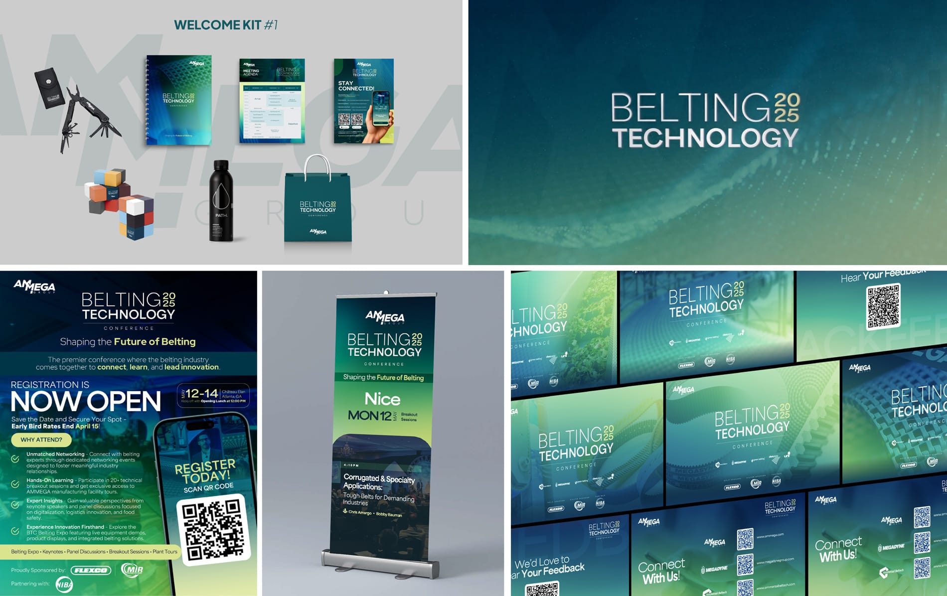 A montage of branded materials, screens, signage, and welcome items created for the 2025 Belting Technology Conference