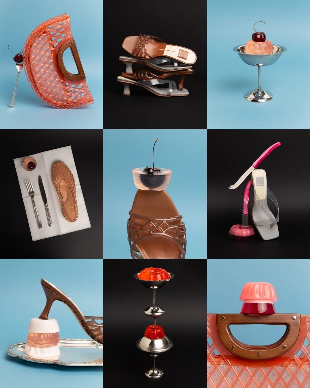 Dolce Vita collage arranging sandals and handbags with colorful desserts and silver serving dishes