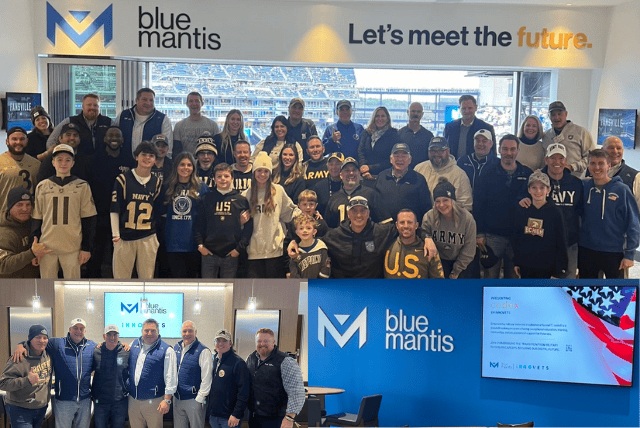 A company-published collage showing Blue Mantis employees and participants at community gatherings