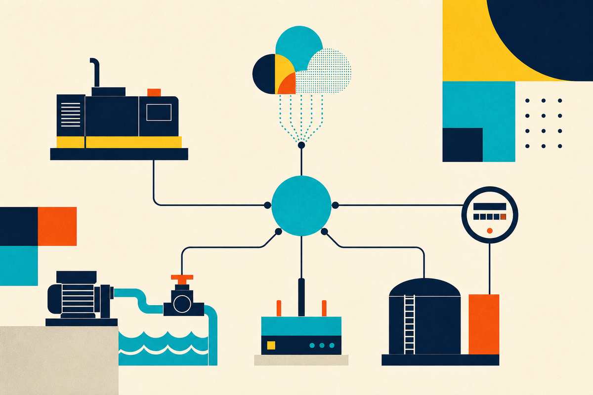 Geometric illustration of generators, meters, pumps and tanks connected through one industrial data network