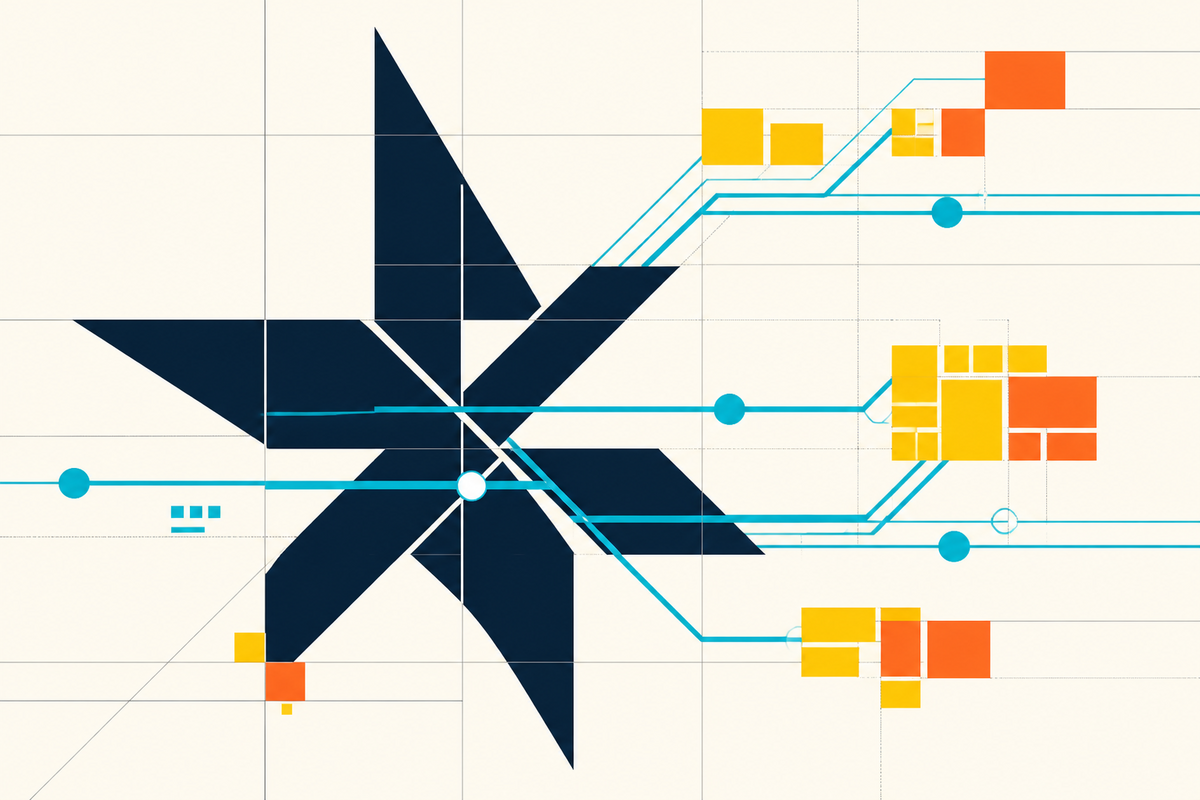 Abstract Swiss-style composition of a navy star connected to colorful software and payment modules