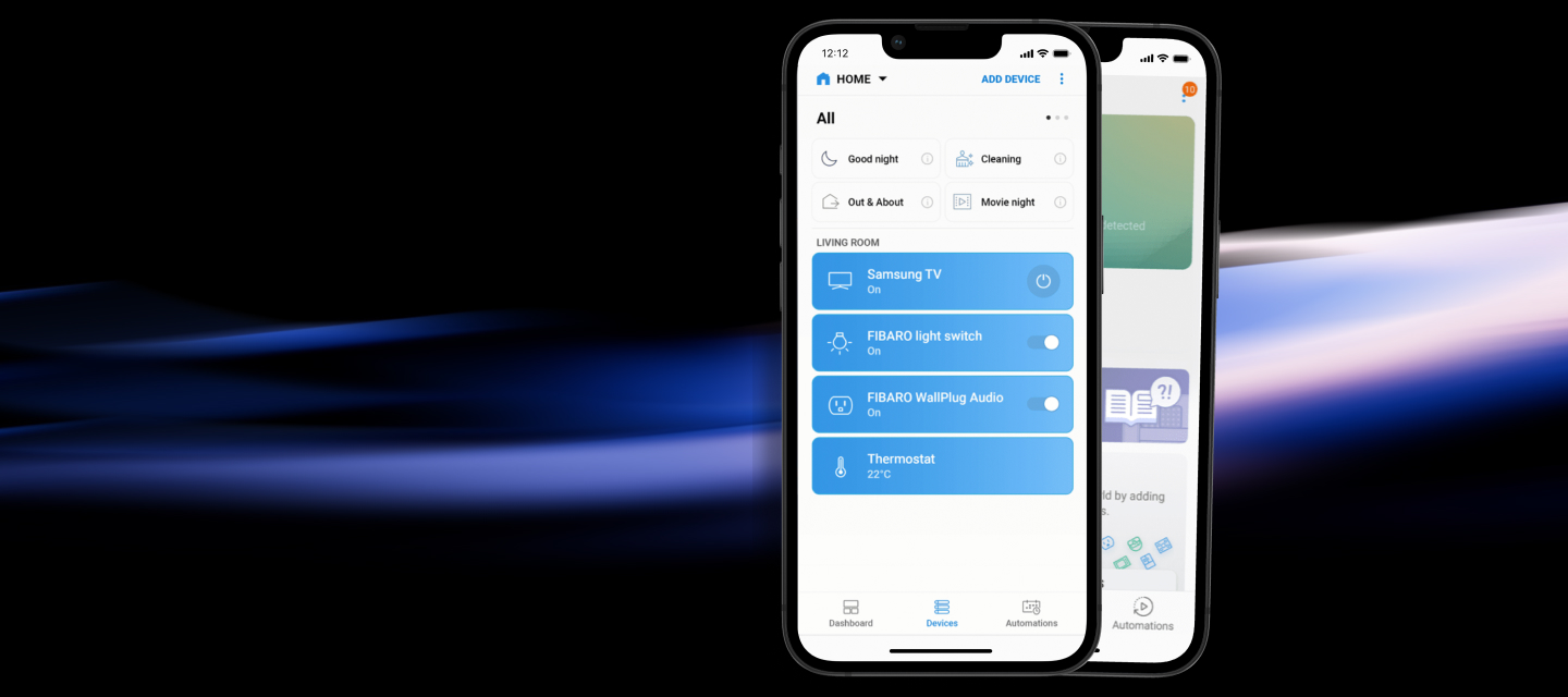 SmartThings connected-home application displayed on two smartphones