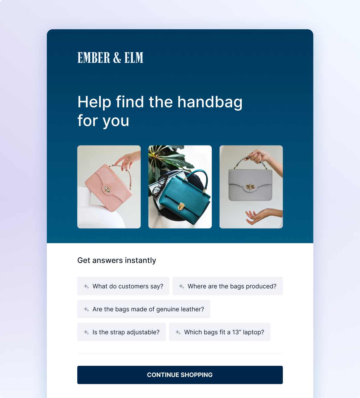 Bluecore illustrative shopping assistant interface with product advice and clothing recommendations