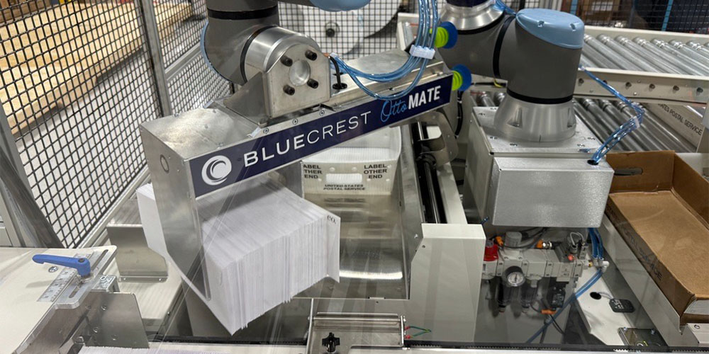 BlueCrest OttoMATE collaborative robot loading finished mail into postal trays