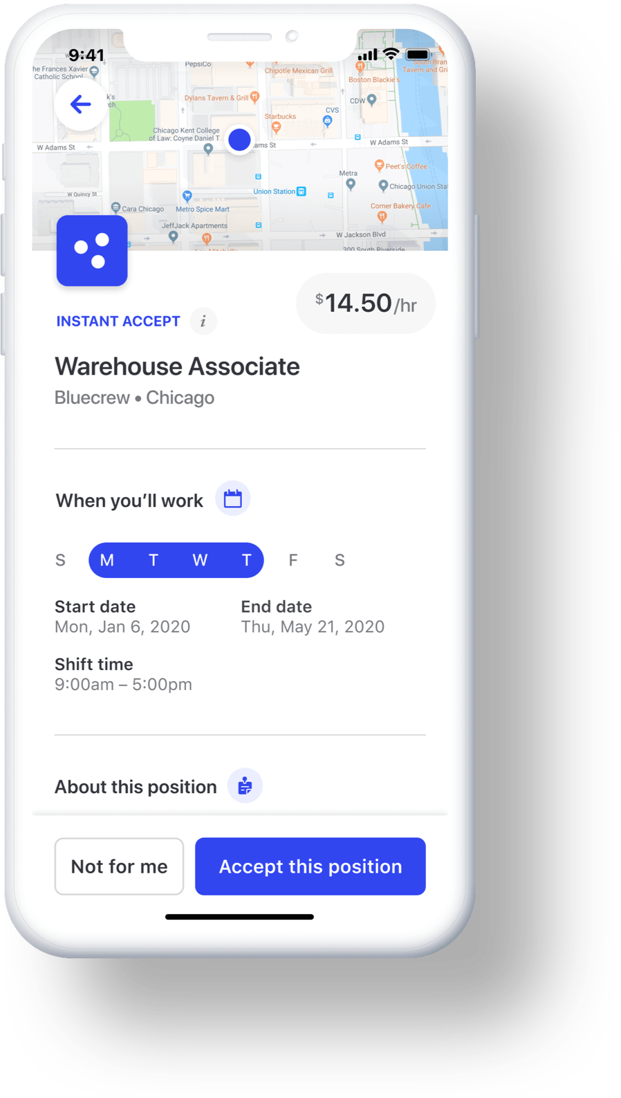 Bluecrew promotional app screen showing shift details