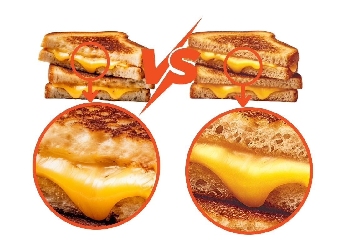 BluEdge comparison graphic highlighting bread and cheese detail in AI-assisted food imagery