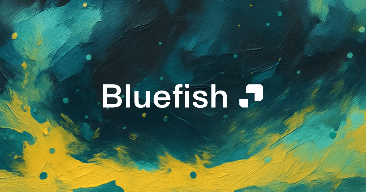 Bluefish wordmark and logo on a teal and yellow painted backdrop