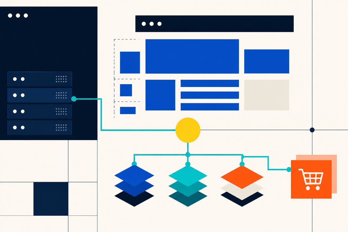 Abstract Swiss-style illustration of web pages, infrastructure layers and an online store connected by a network