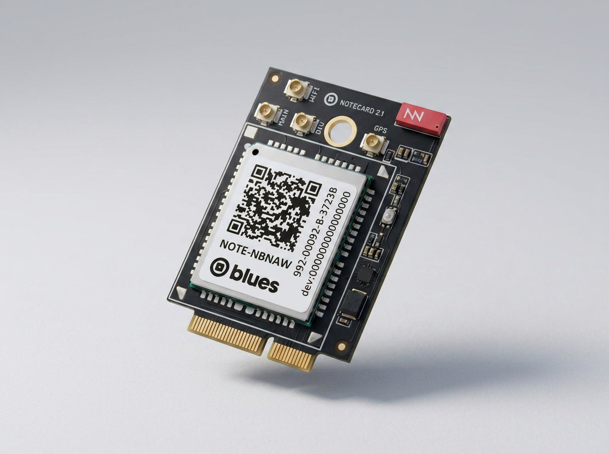A Blues Notecard Cell and Wi-Fi module mounted on a carrier board